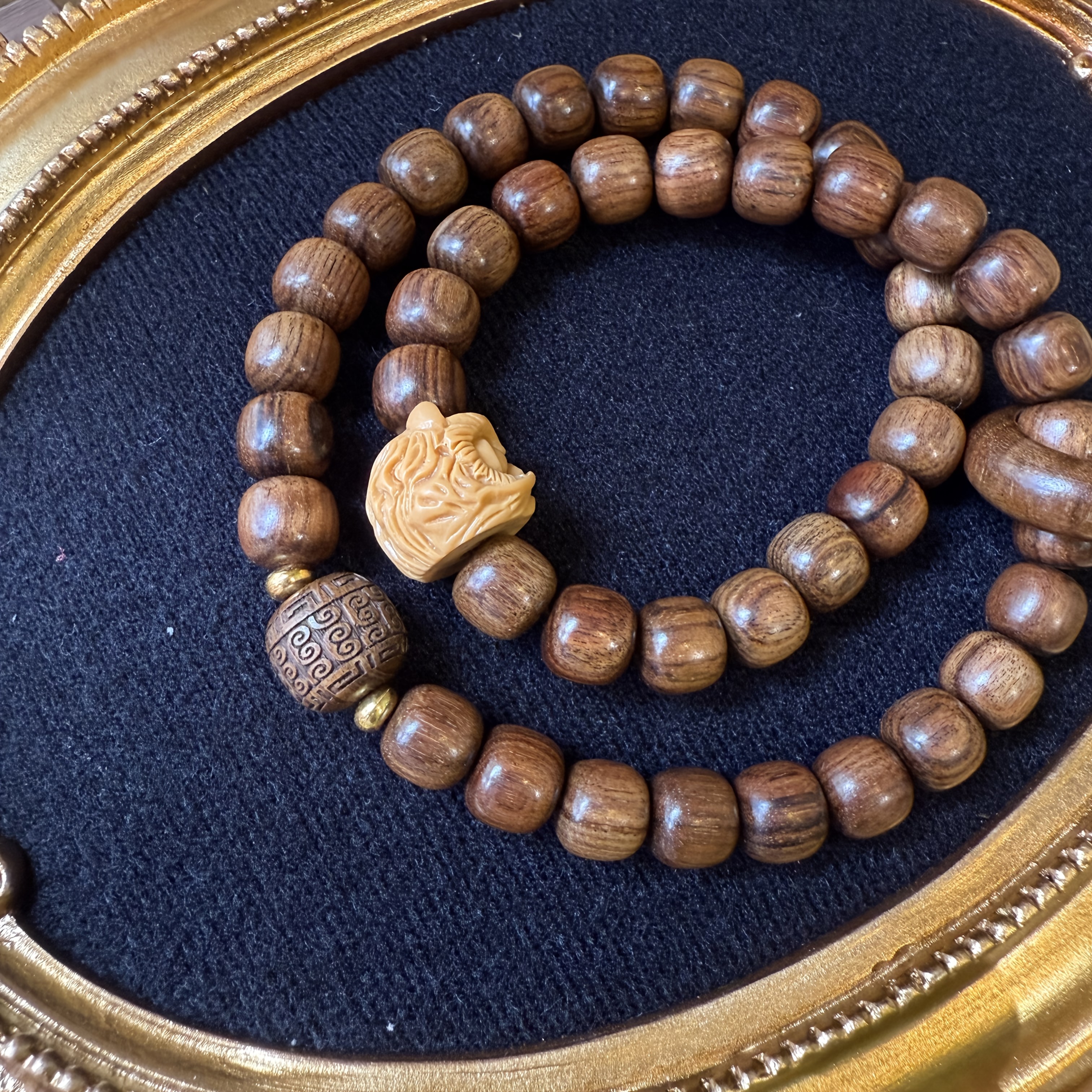 Natural Sandalwood Double Wrap Temple Bracelet with Guardian Lion Charm